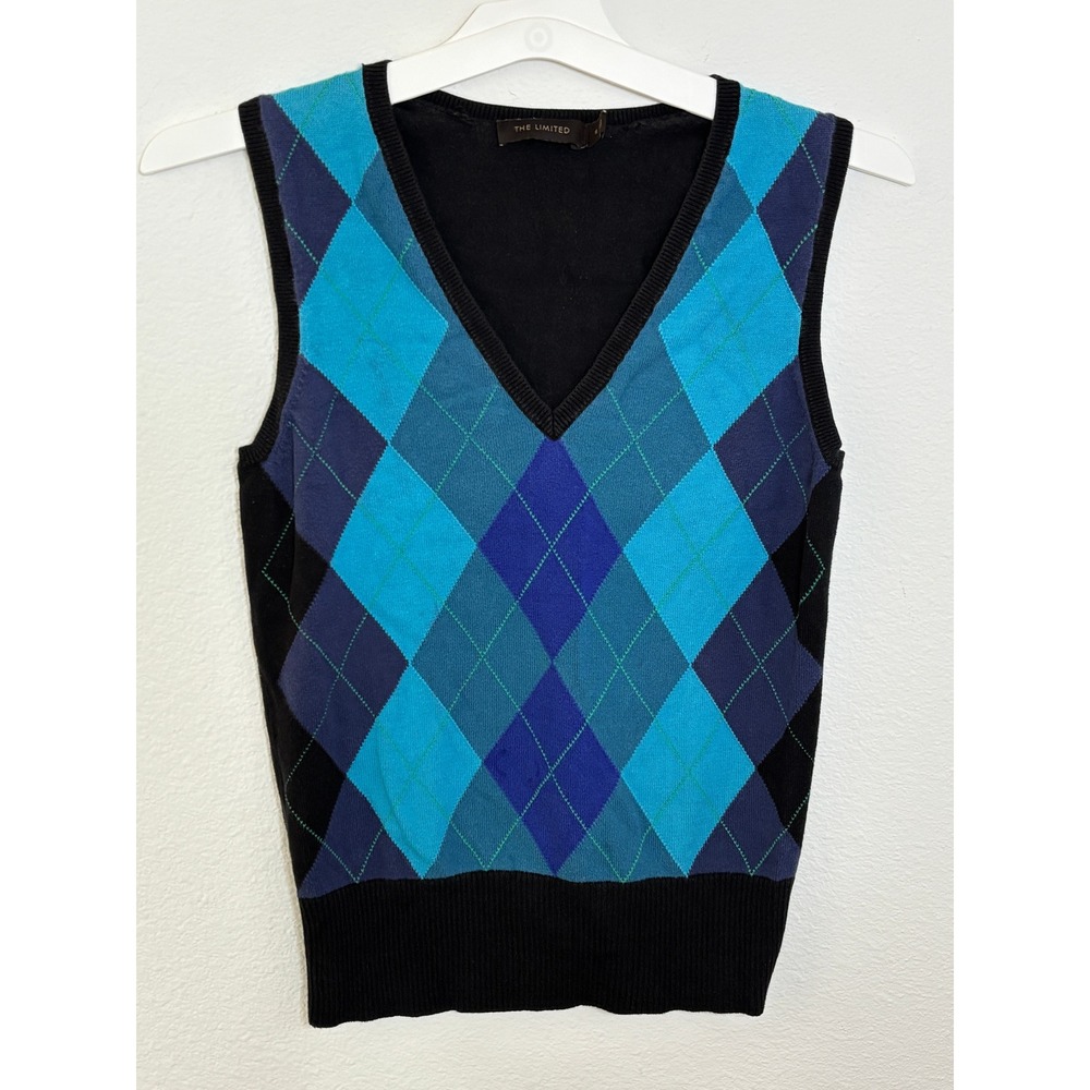 The Limited Argyle Sweater Vest V-Neck Black Blue Teal Preppy Small